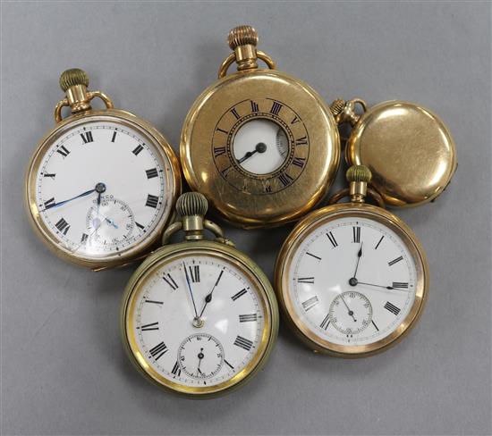 Four assorted gold plated pocket watches including a fob watch and one other pocket watch.